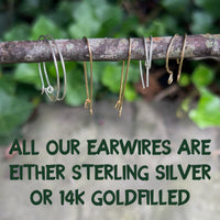 stick with four types of eawires with text "All earwires are either sterling silver or 14k gold filled. 
