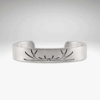 Elk Antlers Cuff Bracelet with subtle etching of elk antlers in Matte Silver finish, adjustable cuff design.