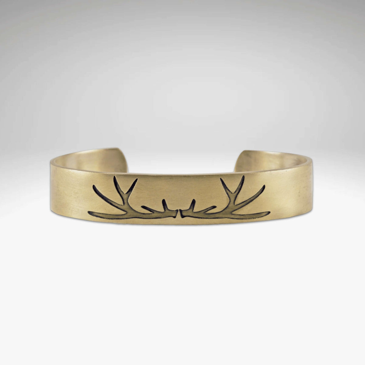 Elk Antlers Cuff Bracelet in Antique Brass finish with etched elk antler design, perfect for outdoor enthusiasts.