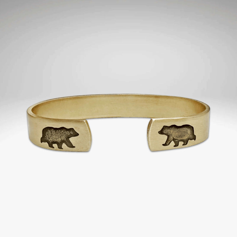 Every second counts - Bear Cuff Bracelet made from raw brass with two facing bear engravings.
