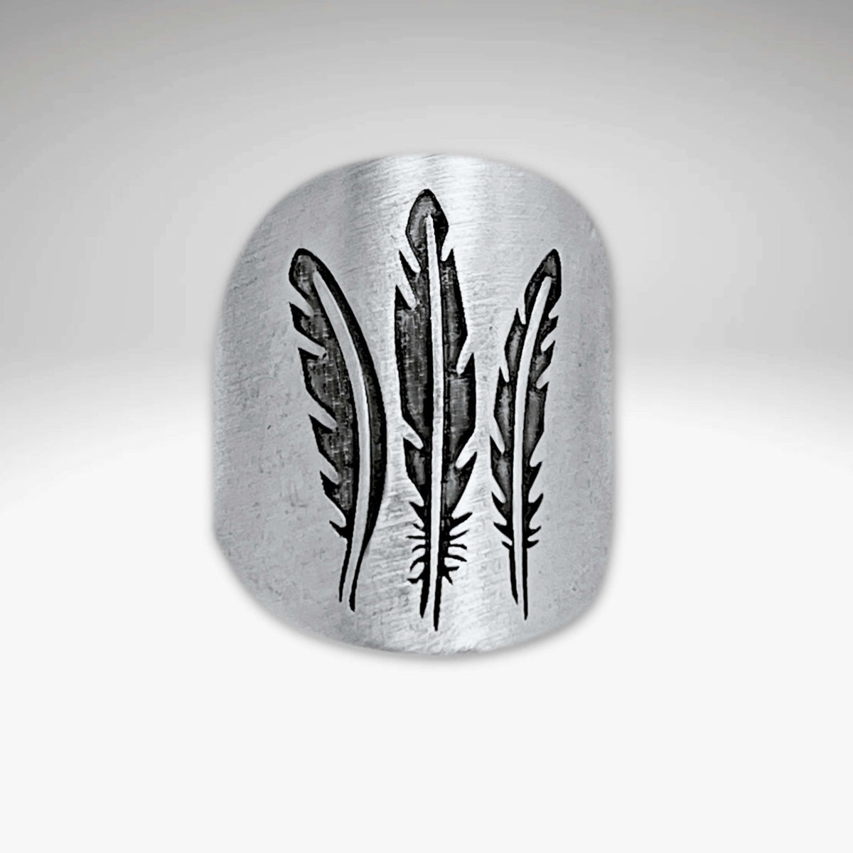 Feather Adjustable Ring featuring a three-feather design in Matte Silver finish and acid-free etching process.