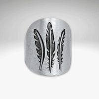 Feather Adjustable Ring featuring a three-feather design in Matte Silver finish and acid-free etching process.