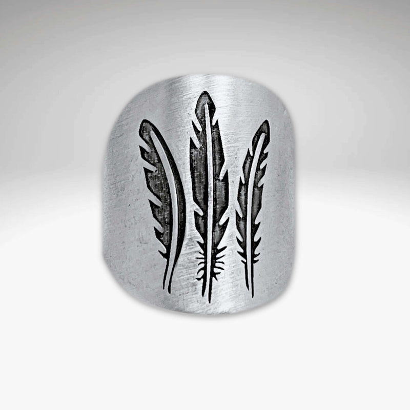 Feather Adjustable Ring featuring a three-feather design in Matte Silver finish and acid-free etching process.