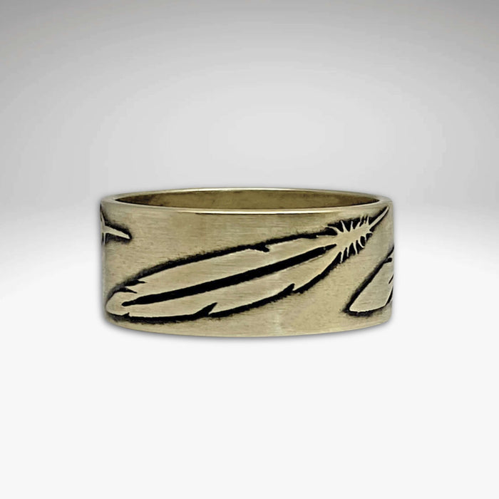 Feather Ring featuring distinct feather engravings in antique brass finish, perfect for a subtle, elegant look.