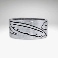 Feather Ring in Matte Silver finish featuring distinct feather engravings on a polished band.