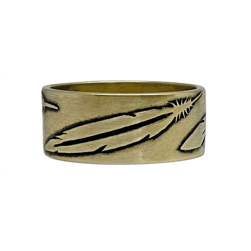Antique Brass Feather Ring featuring distinct feather engravings for an elegant and unique accessory.