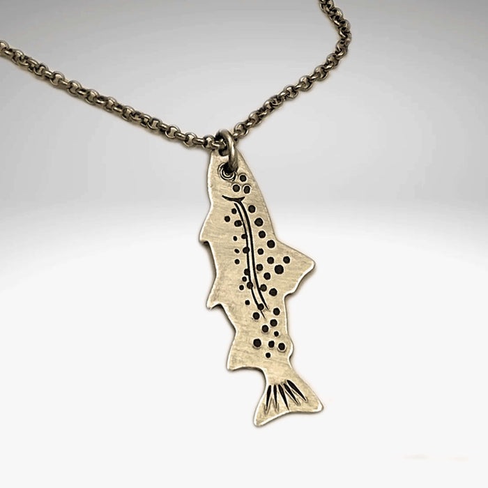 Fishin' Necklace featuring a detailed fish pendant on a cable chain in antique brass finish.