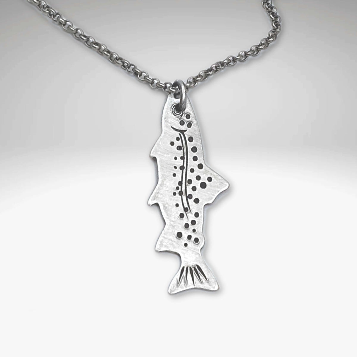 Fishin' Necklace featuring a detailed fish pendant in Matte Silver finish, suspended on a cable chain.