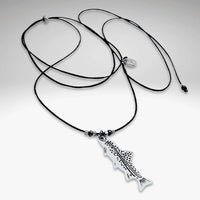 Fishin' Necklace featured with a detailed fish pendant on a black cord, representing aquatic life and nature.