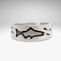 Fishing Adjustable Ring featuring a fish and waves design in matte silver finish.