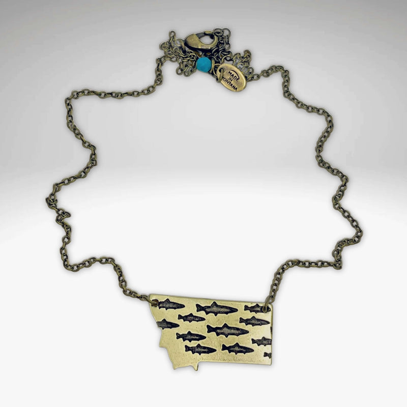 Fishing In Montana Necklace with detailed trout design and adjustable chain options.