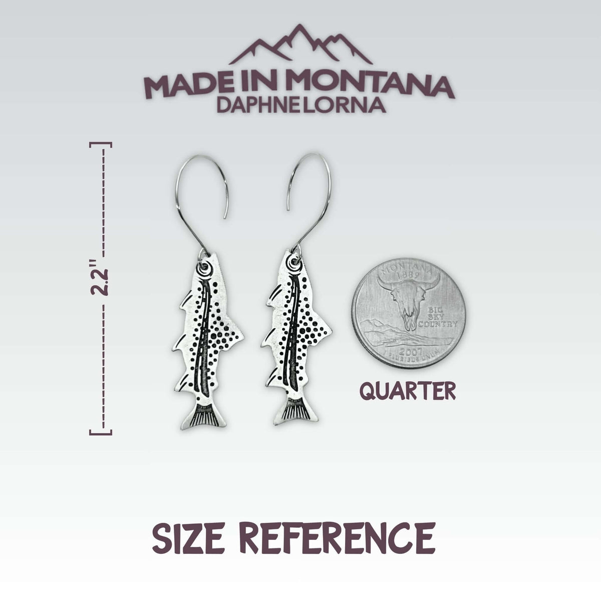 Fishing Trout Earrings – Montana Wildlife Jewelry, Matte Silver or Antique Brass - Daphne Lorna
