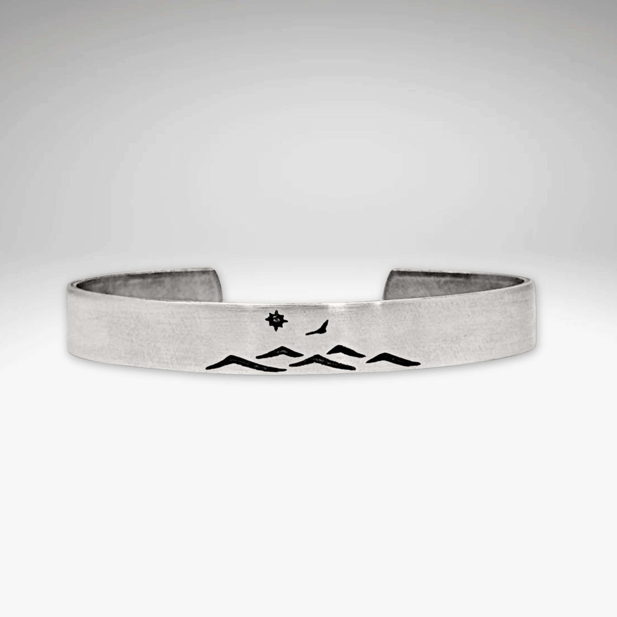 Fly Over cuff bracelet - Mountain Bracelet for men and women featuring mountain and bird designs.