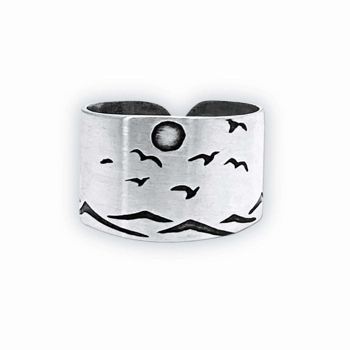 Flyover Adjustable Ring with Mountains, Waves, Full Moon and Birds - Daphne Lorna