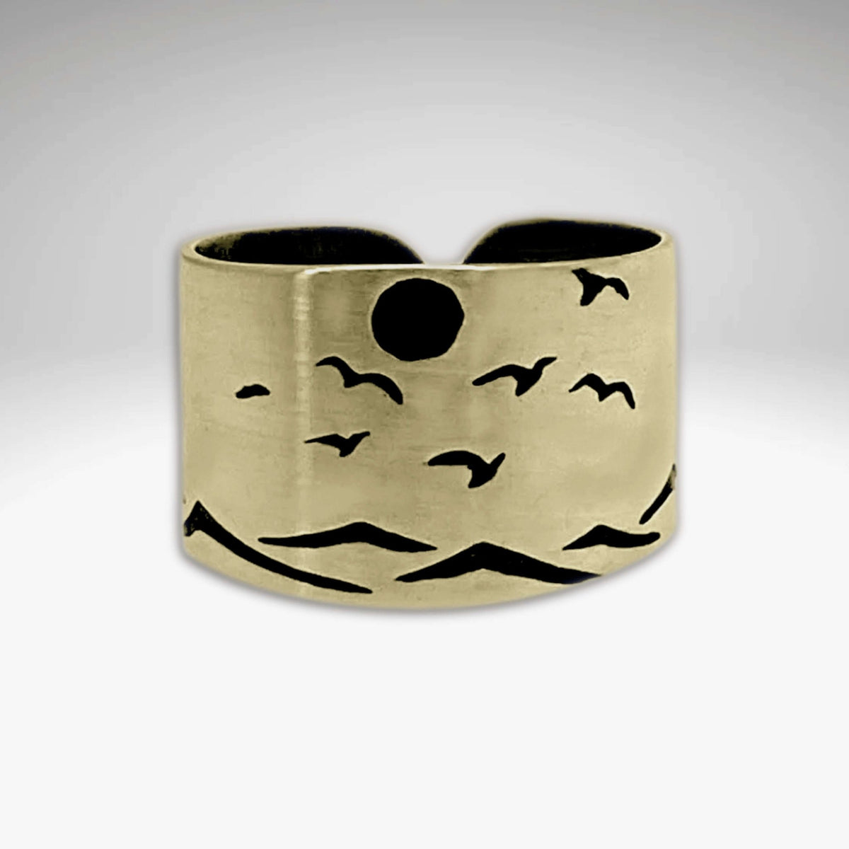 Flyover Adjustable Ring with Mountains, Waves, Full Moon and Birds in antique brass finish.