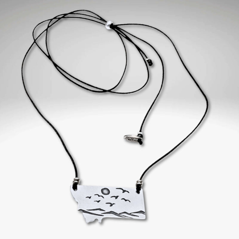 Flyover Montana - Necklace with Mountains birds and sun featuring a Montana pendant design.