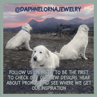 Three Great Pyrenees dogs with mountains in background, text says Follow us on Instagram