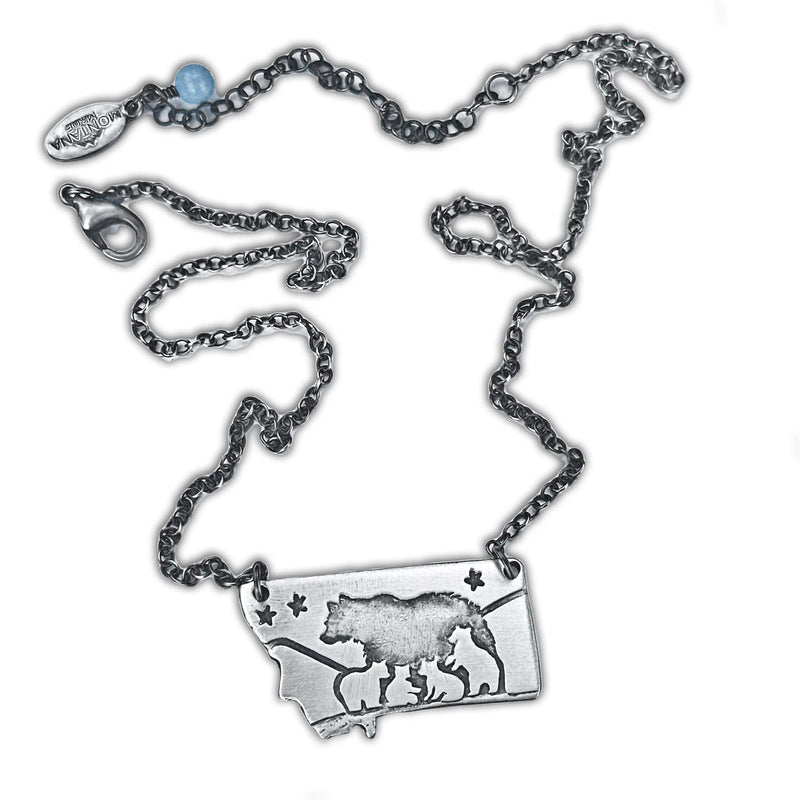 Four Cubs - Montana Bear Necklace with adjustable chain and bear silhouette, handmade in Montana.