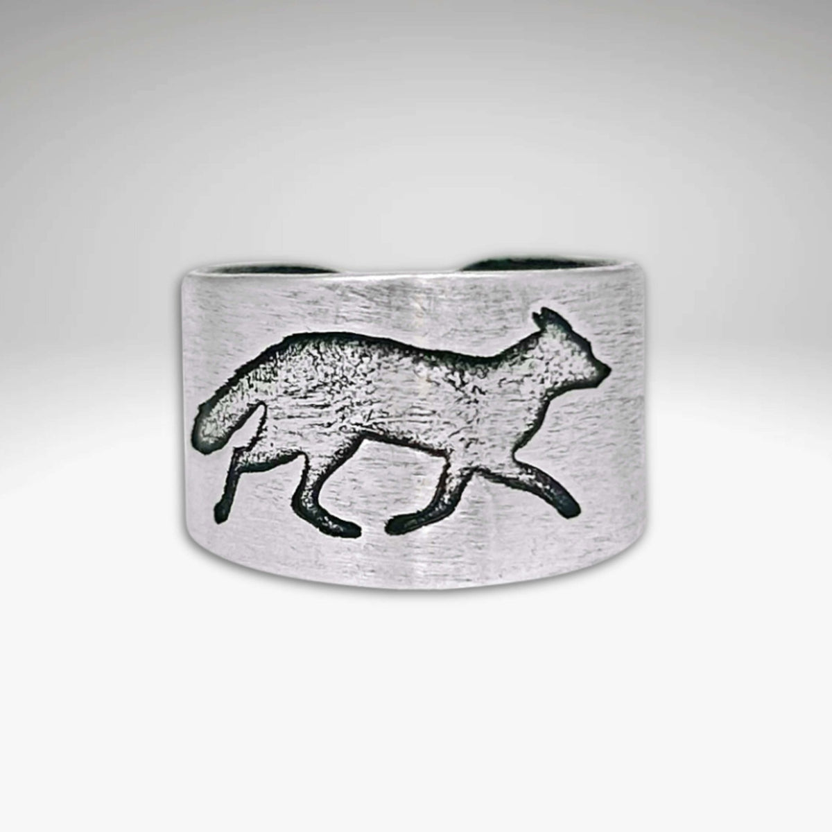 Fox Run Adjustable Ring featuring a beautifully crafted fox design in matte silver finish.