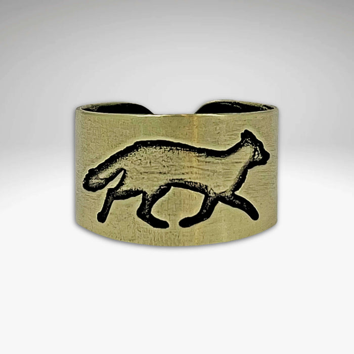 Fox Run Adjustable Ring in antique brass with a fox design, handmade in Montana