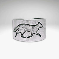Fox Run Adjustable Ring in matte silver with fox design, handmade in Montana, 