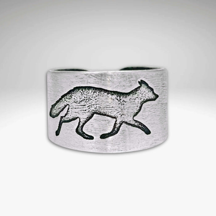 Fox Run Adjustable Ring in matte silver with fox design, handmade in Montana, 