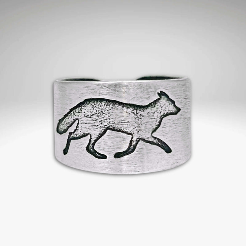 Fox Run Adjustable Ring in matte silver with fox design, handmade in Montana, 