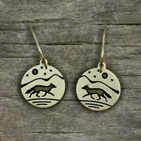Fox Run Earrings showcasing etched fox design on brass with moon and stars, perfect for nature enthusiasts.