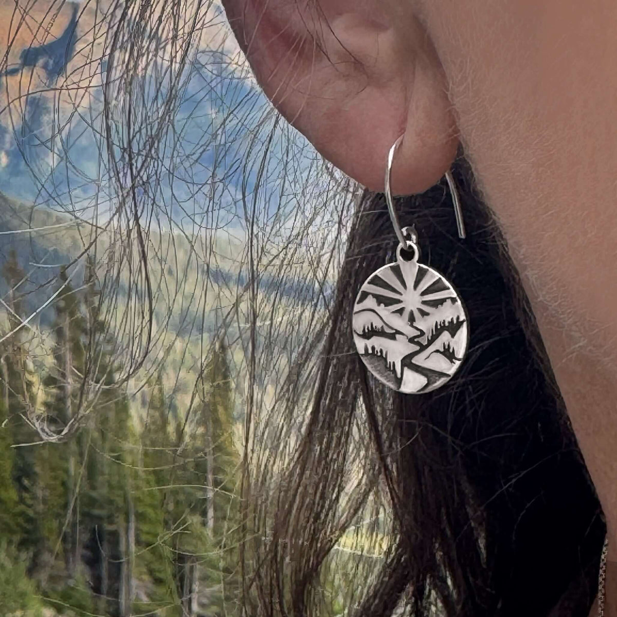 Going to the Sun Earrings showcasing nature's beauty and iconic vista in a detailed design.
