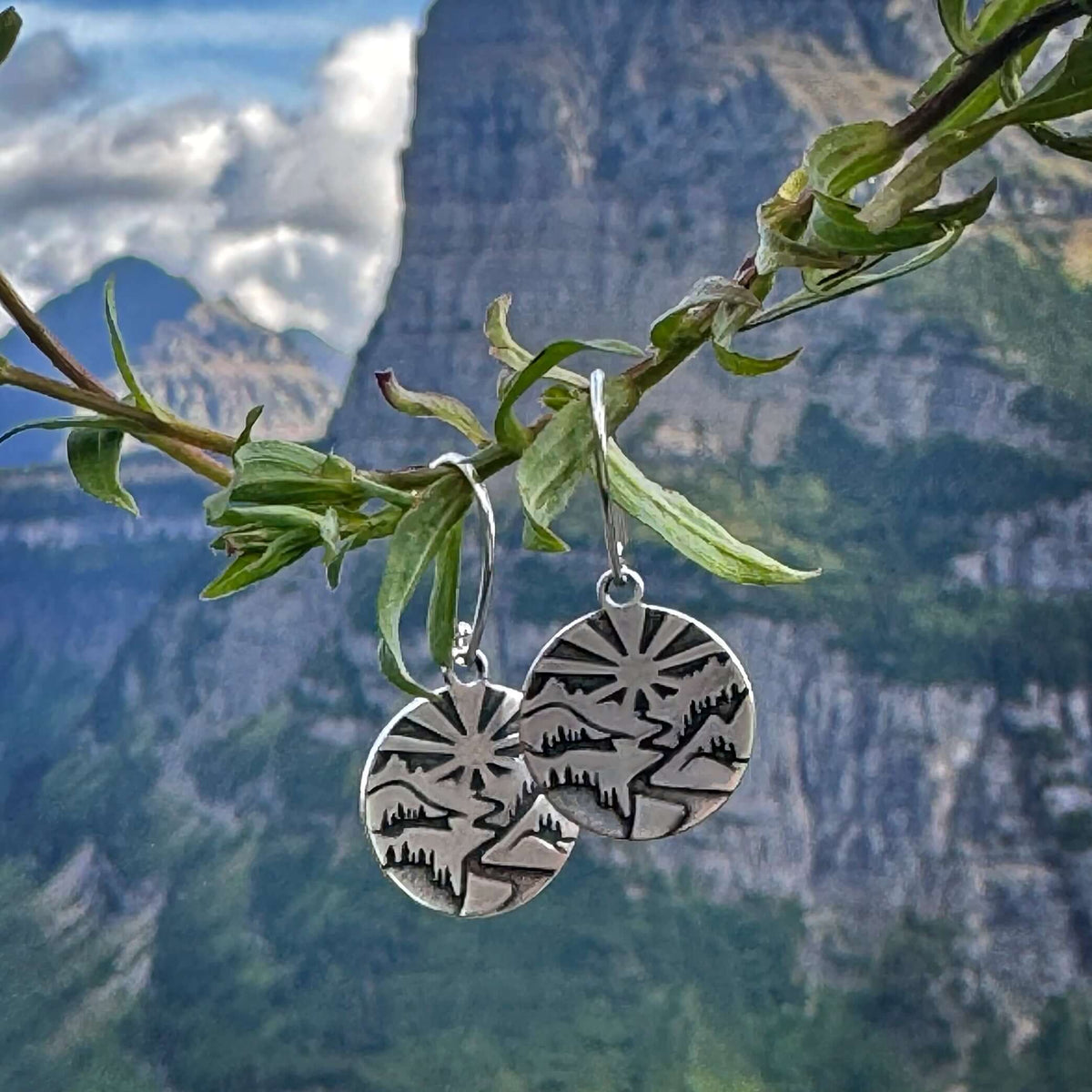 Going to the Sun Earrings showcasing a scenic design inspired by Glacier National Park's landscape.