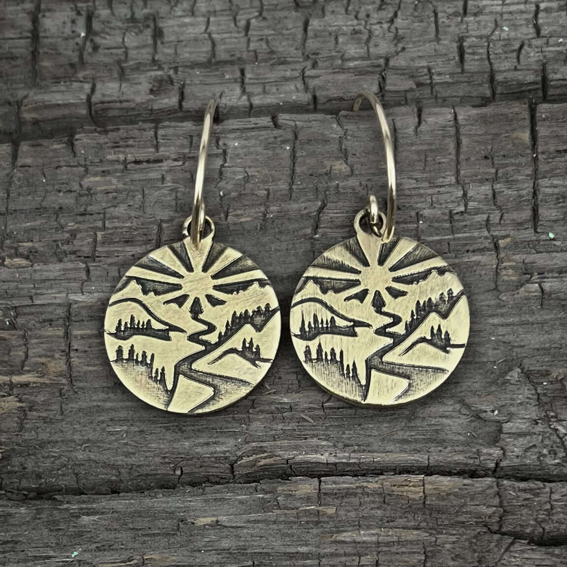 Going to the Sun Earrings featuring brass design inspired by Glacier National Park's iconic landscape.