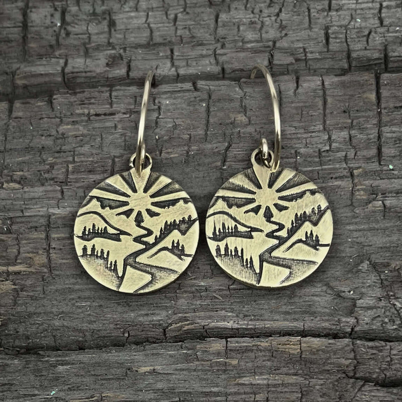 Going to the Sun Earrings featuring brass design inspired by Glacier National Park's iconic landscape.
