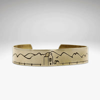 Grain Elevator On the Front Cuff Bracelet with engraved peaceful landscape scene.