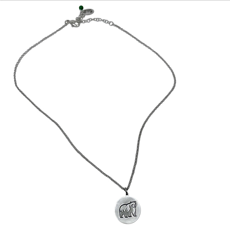Grizzly Bear Pendant on chain, 18" adjustable necklace featuring a silver bear charm.