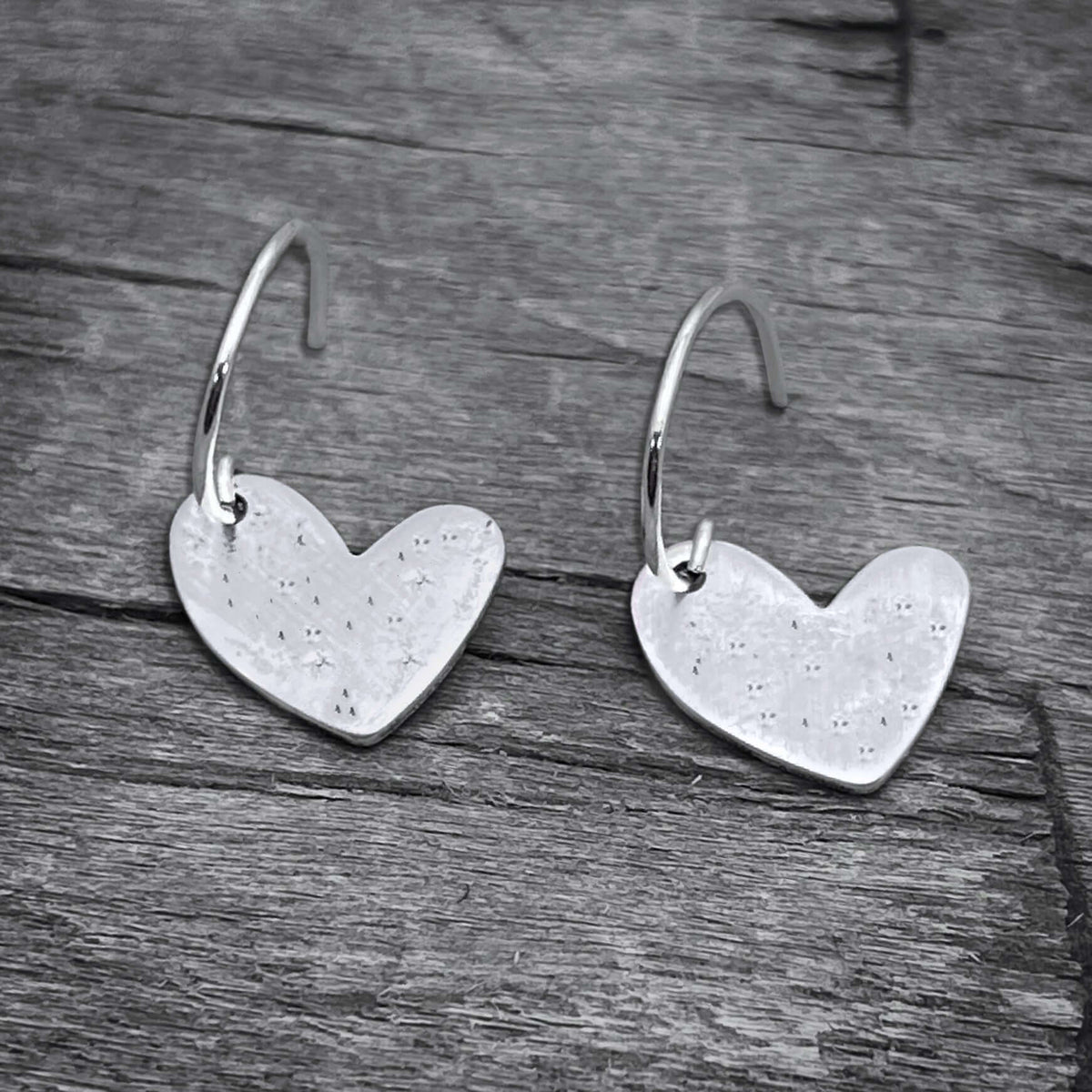 Heart Drop 2 Earrings - Handmade sterling silver heart earrings with textured finish and 0.5" earwire.