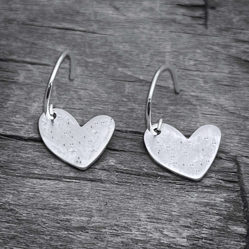 Heart Drop 2 Earrings - Handmade sterling silver heart earrings with textured finish and 0.5" earwire.