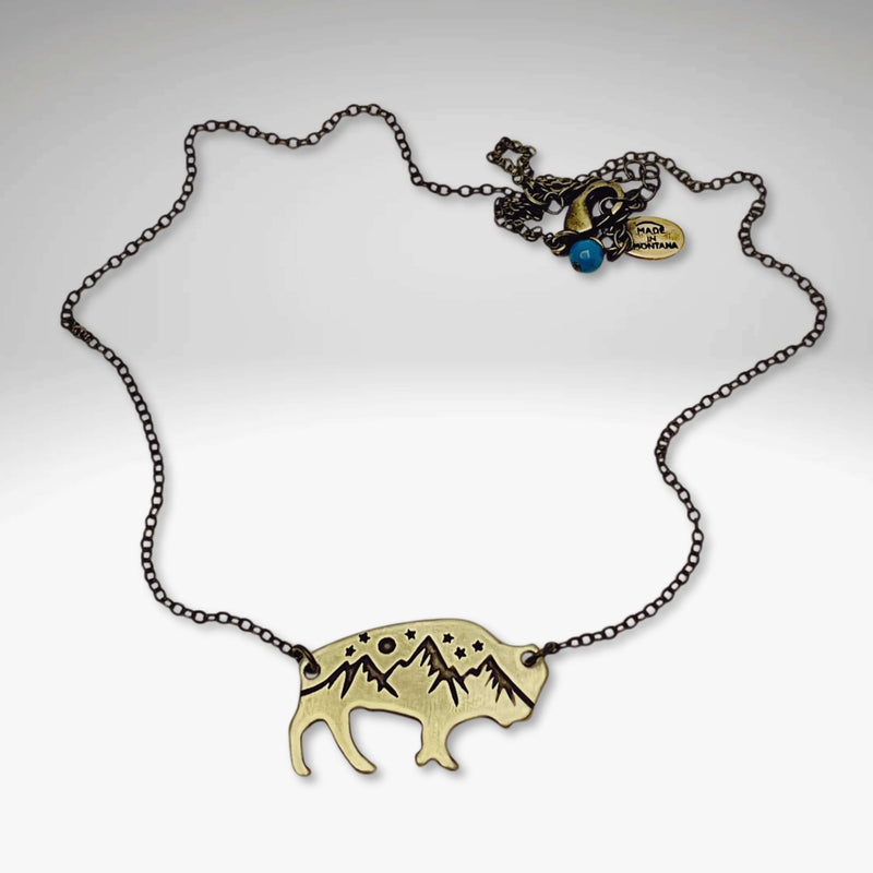 High Alpine Bison Necklace featuring a bison cutout with mountain design on a simple chain.