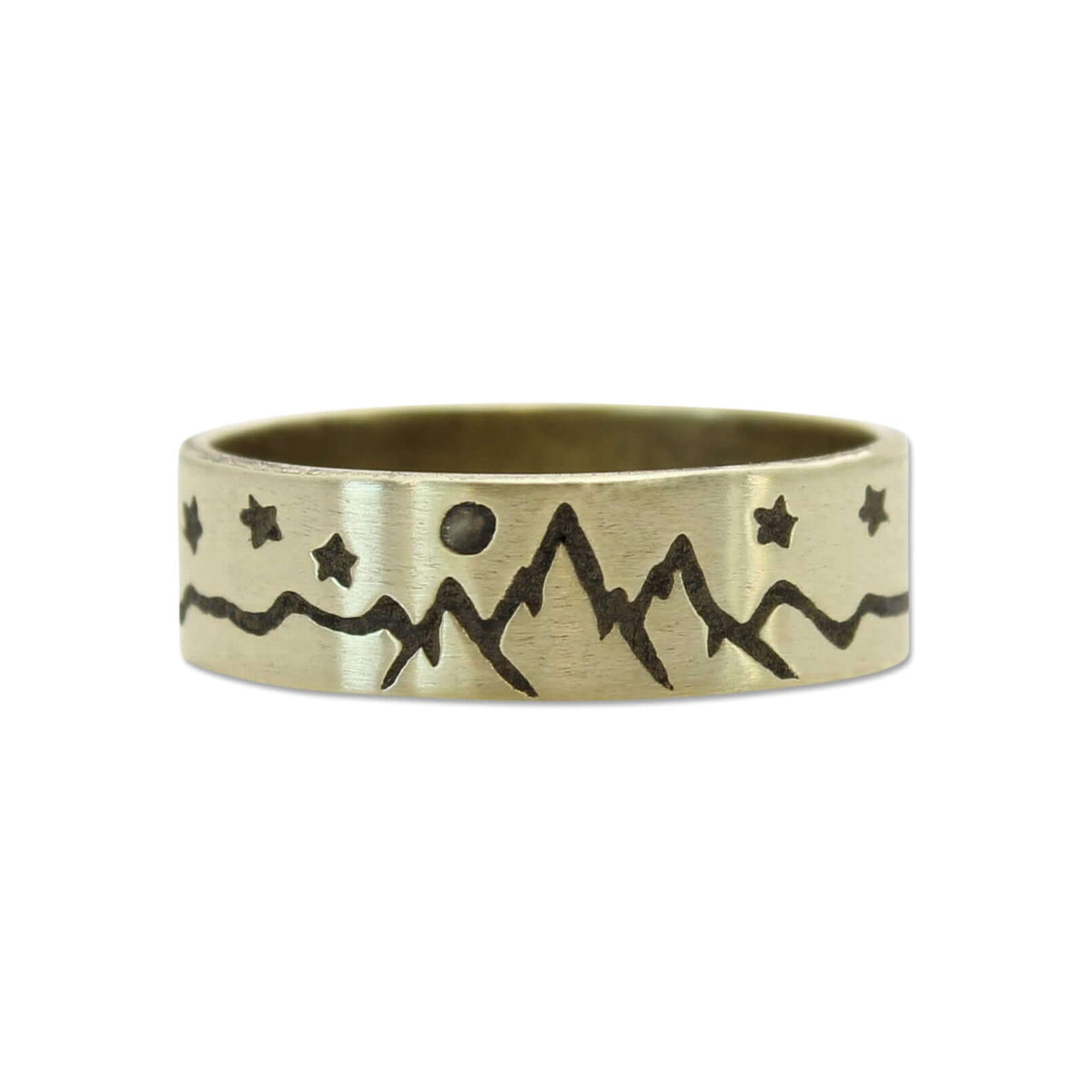 High Alpine Mountain Ring in antique brass finish with mountain and star design, perfect for nature lovers.