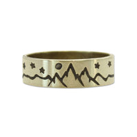 High Alpine Mountain Ring in antique brass finish with mountain and star design, perfect for nature lovers.