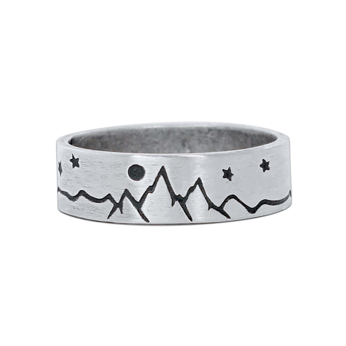 High Alpine Mountain Ring in matte silver featuring mountain and star designs.