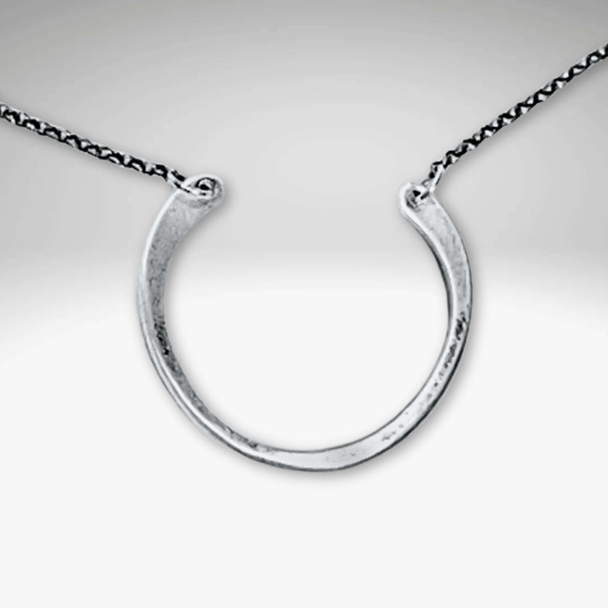 Horseshoe Necklace featuring a semi-circle pendant with a hammered finish on a delicate rolo chain.