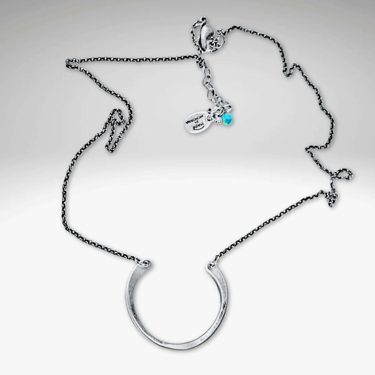 Horseshoe Necklace with a lightly hammered semi-circle pendant on a delicate rolo chain.