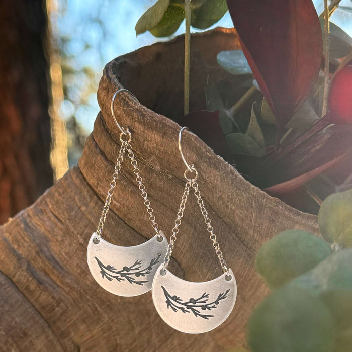 Juniper Earrings -Flowery Branch Nature dangle earrings featuring etched juniper sprigs on raw brass.