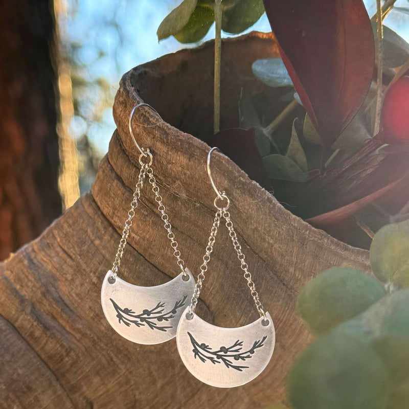 Juniper Earrings -Flowery Branch Nature dangle earrings featuring etched juniper sprigs on raw brass.