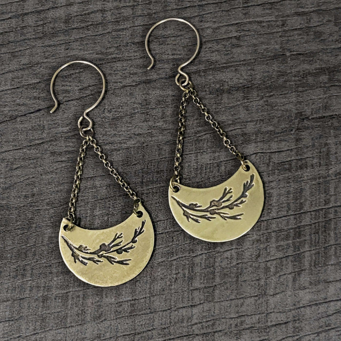 Juniper Earrings -Flowery Branch Nature dangle earrings showcasing hand-etched juniper designs on raw brass.