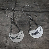 Juniper Earrings -Flowery Branch Nature dangle earrings showcasing etched juniper sprigs on raw brass.