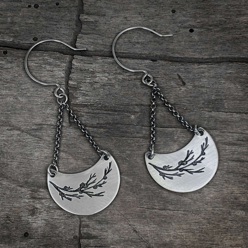 Juniper Earrings -Flowery Branch Nature dangle earrings showcasing etched juniper sprigs on raw brass.