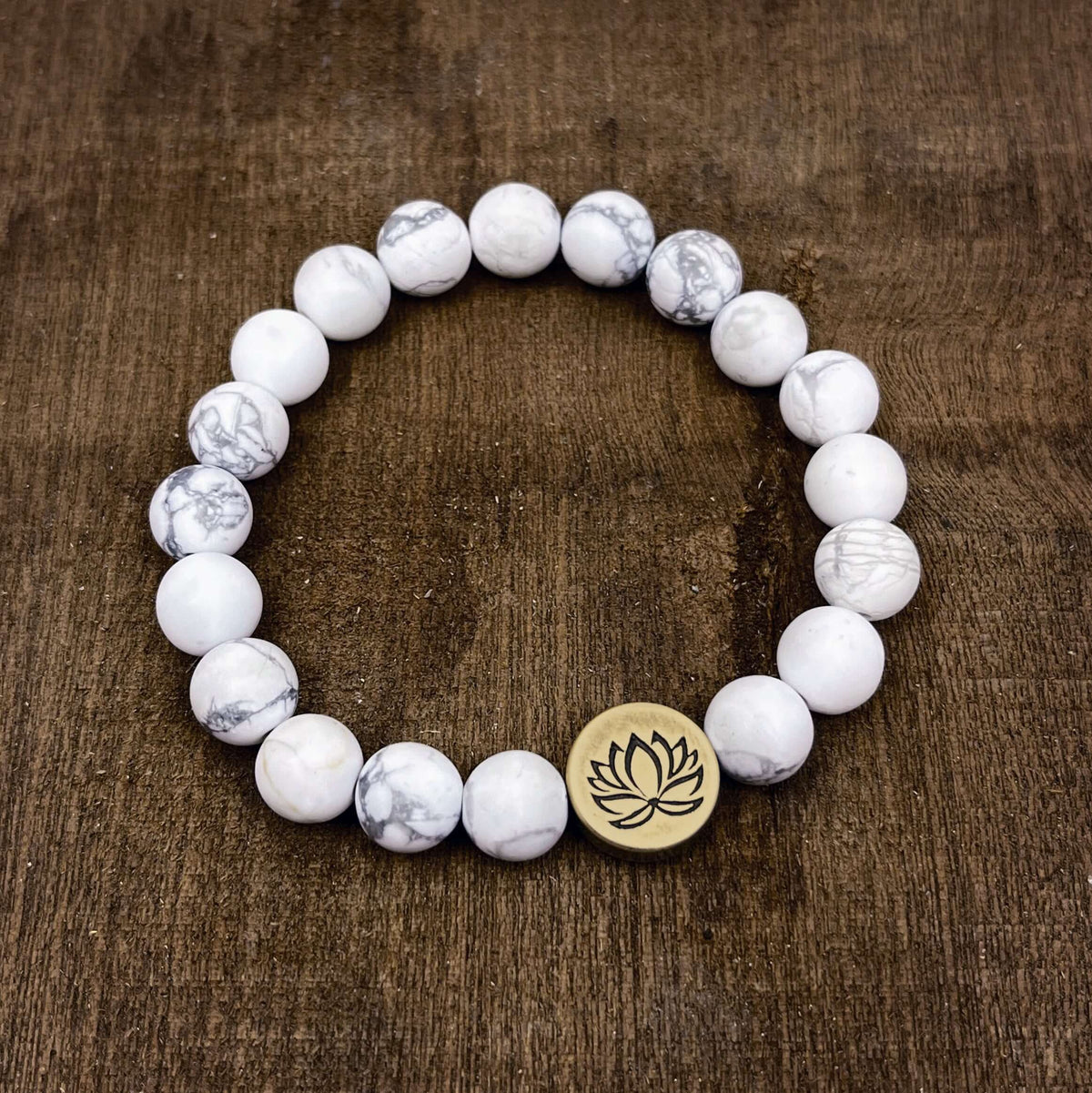 Lotus Stretch Bracelet - Gemstone Beaded Stretchy Bracelet with white howlite beads and lotus charm.