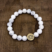 Lotus Stretch Bracelet - Gemstone Beaded Stretchy Bracelet with white howlite beads and lotus charm.