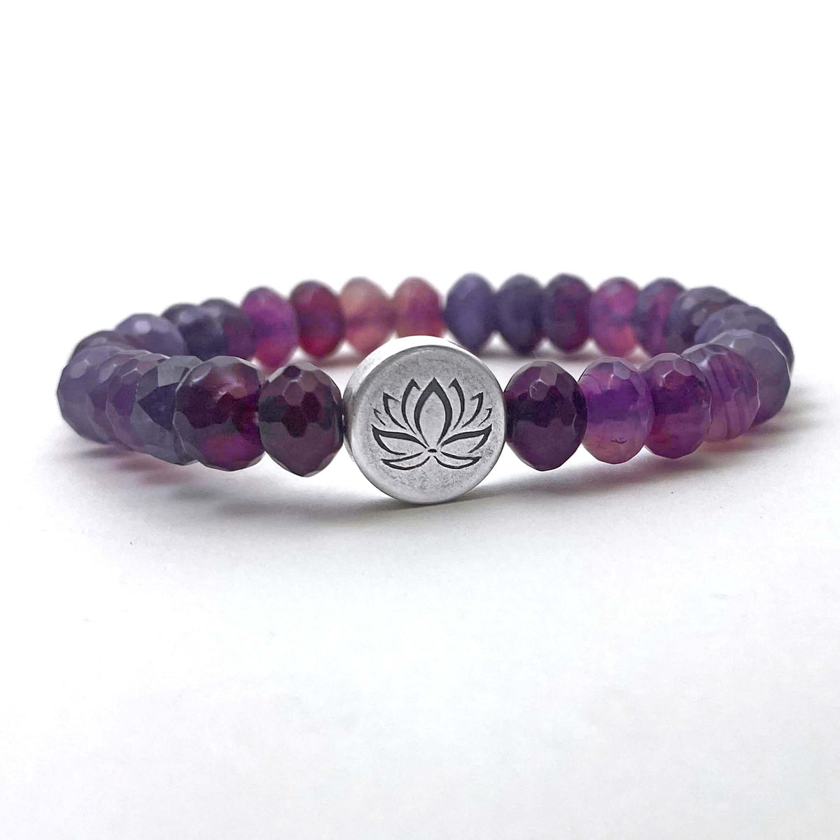 Lotus Stretch Bracelet - Gemstone Beaded Stretchy Bracelet featuring purple gemstones and a silver lotus charm.
